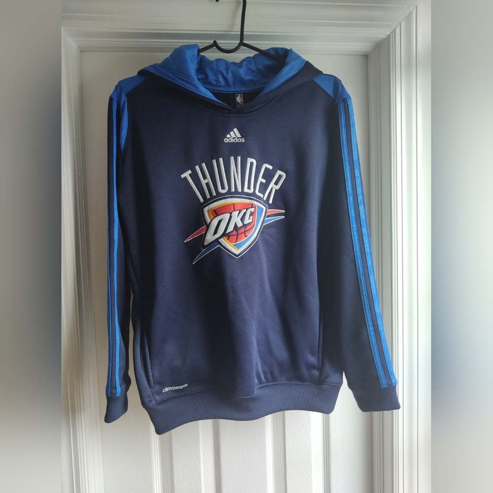 NBA ADIDAS CLIMAWARM Oklahoma City Thunder OKC Youth Pullover Hoodie Sweater Lg